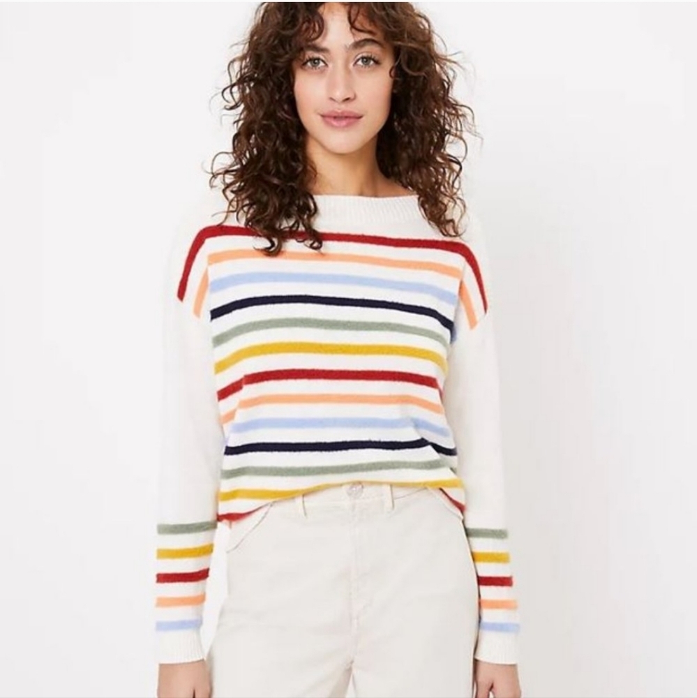 🌈 LOFT Fuzzy Textured Rainbow Striped Knit Oversized Lightweight Sweater XL nwt